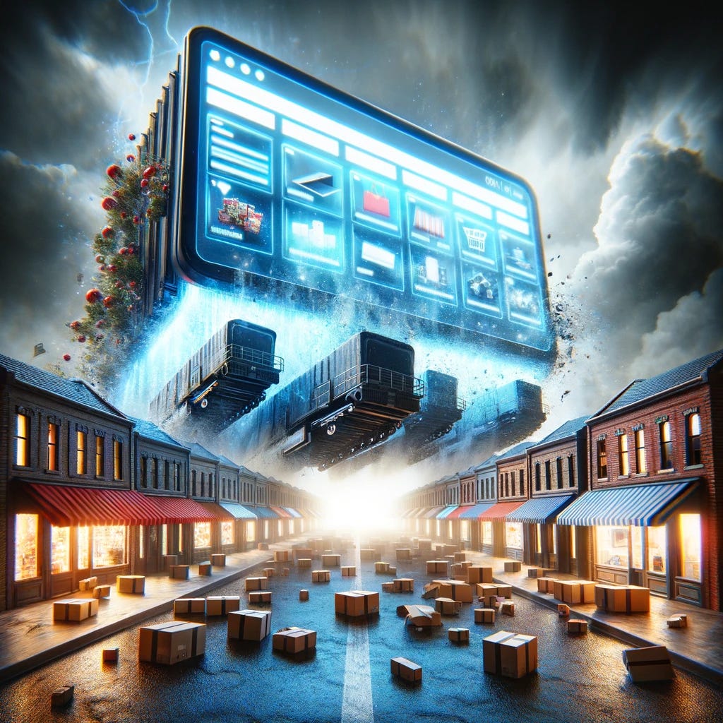 A dramatic and powerful representation of e-commerce's impact on retail real estate. The scene shows a colossal, high-tech digital screen, representing the e-commerce industry, bearing down on a row of small, crumbling brick-and-mortar retail stores. The digital screen is bright and dynamic, displaying an array of online shopping options, while the retail stores beneath it are visibly buckling and breaking under its immense weight. This vivid imagery symbolizes the overwhelming force of e-commerce displacing traditional retail spaces, with the digital world literally crushing the physical retail outlets.