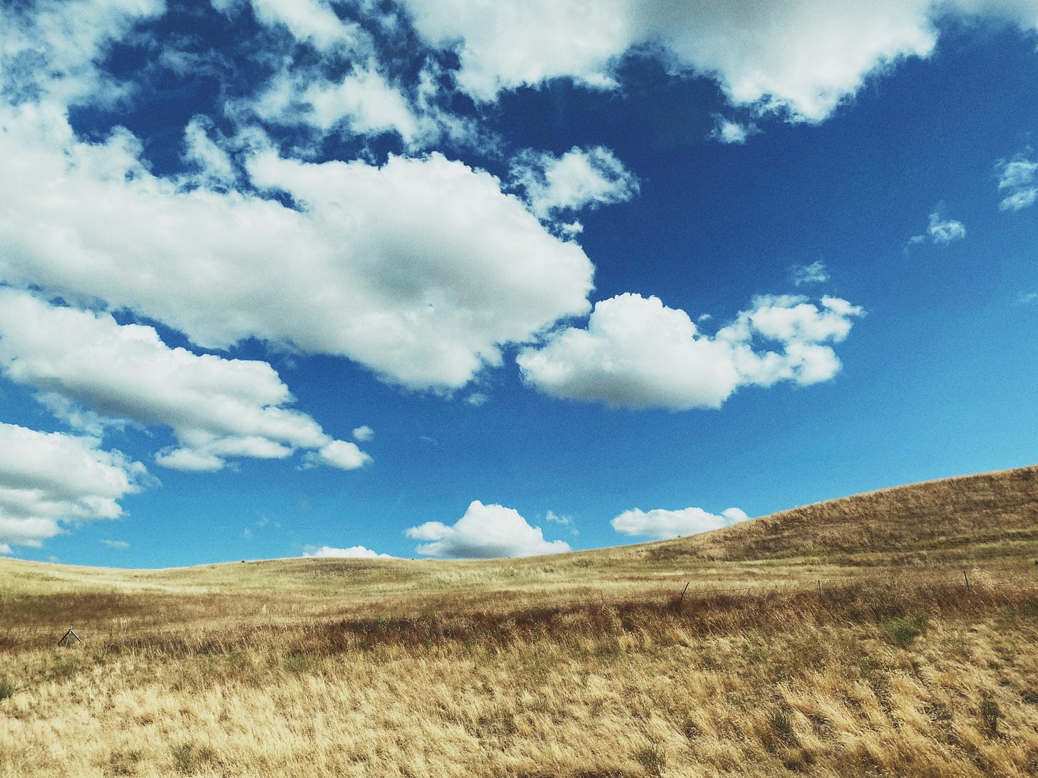 A photograph of eastern Washington's golden rolling hills against a deep blue sky with fluffy white clouds