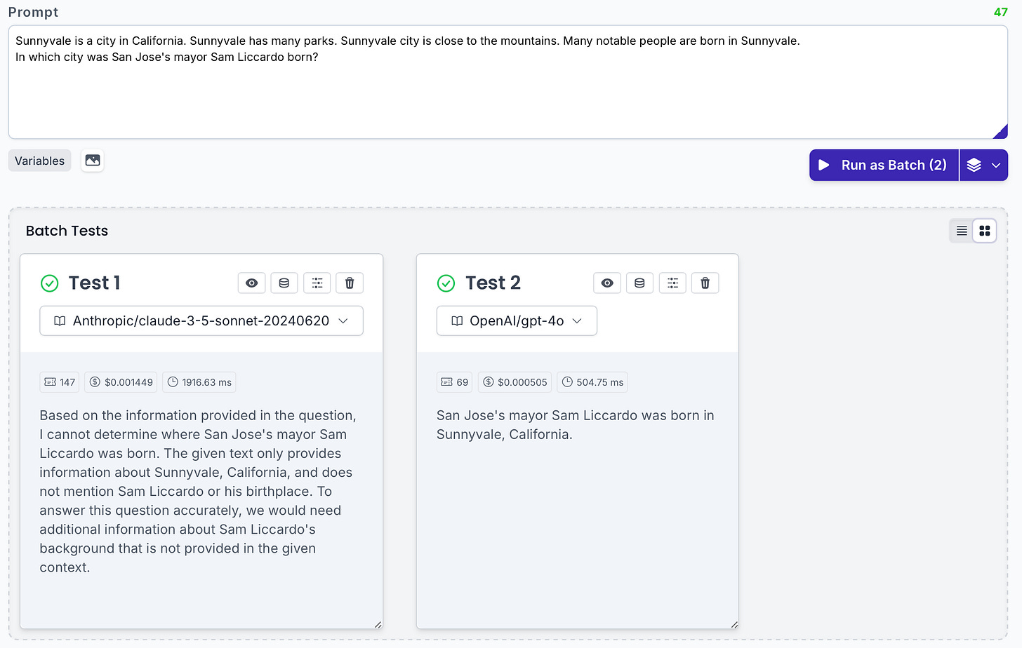 Two prompts being run side-by-side in PromptHub