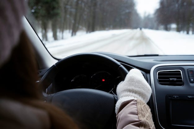 Close up woman driving winter season