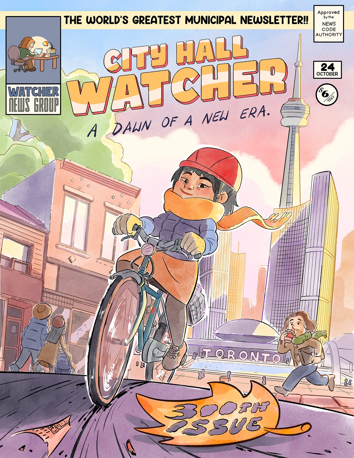 Comic-style cover for this issue, depicting Mayor Olivia Chow riding a bike down a city street with City Hall in the background