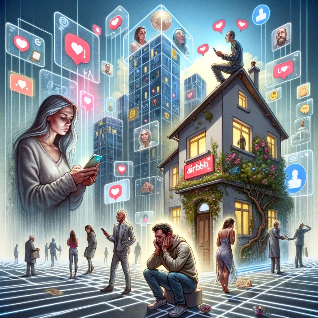 An image depicting the struggle of finding meaning in a world dominated by social media, online dating, and the property market. The central focus is a diverse group of individuals. One person is engrossed in their phone, surrounded by social media icons, symbolizing the influence of online connections. Another individual is swiping through a dating app, with translucent hearts and profiles around them, indicating the impersonal nature of digital dating. A separate scene shows a small figure looking up at a large house marked as an Airbnb, representing the inaccessible property market. Each character has an expression of longing or frustration, capturing the sense of unattainability in modern life. The background is a cityscape that merges digital and real worlds, blurring the lines between online and offline existence. The theme is the search for meaning and authenticity in a superficial world.