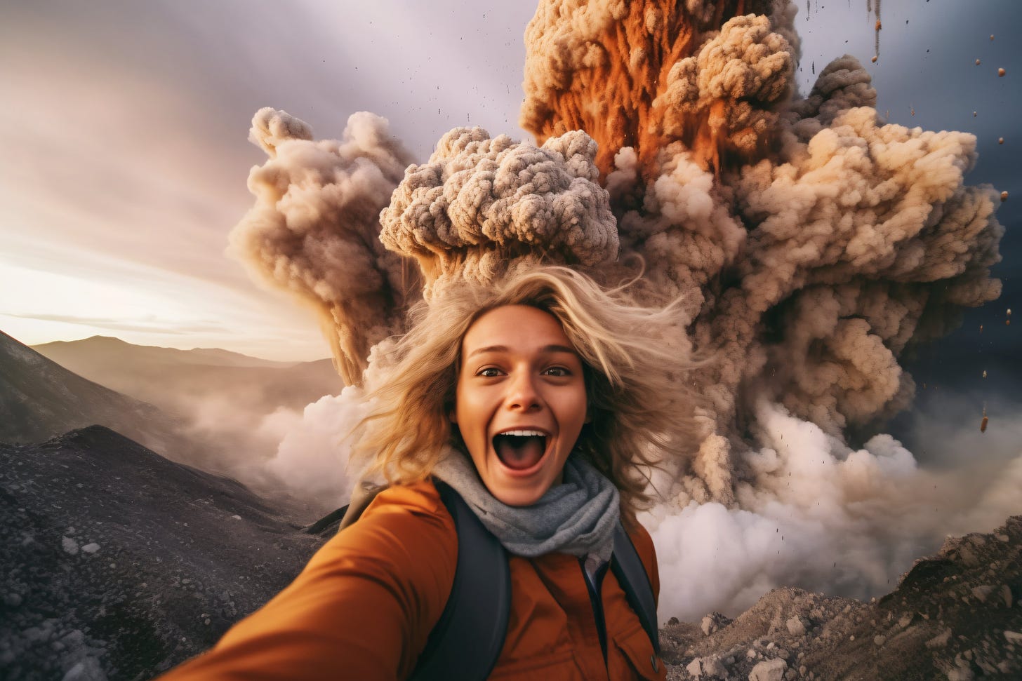 Prompt: ''A hyper - realistic GoPro selfie of a smiling glamorous Influencer with an erupting volcano, pyroclastic flow. Extreme environment. --ar 3:2''
