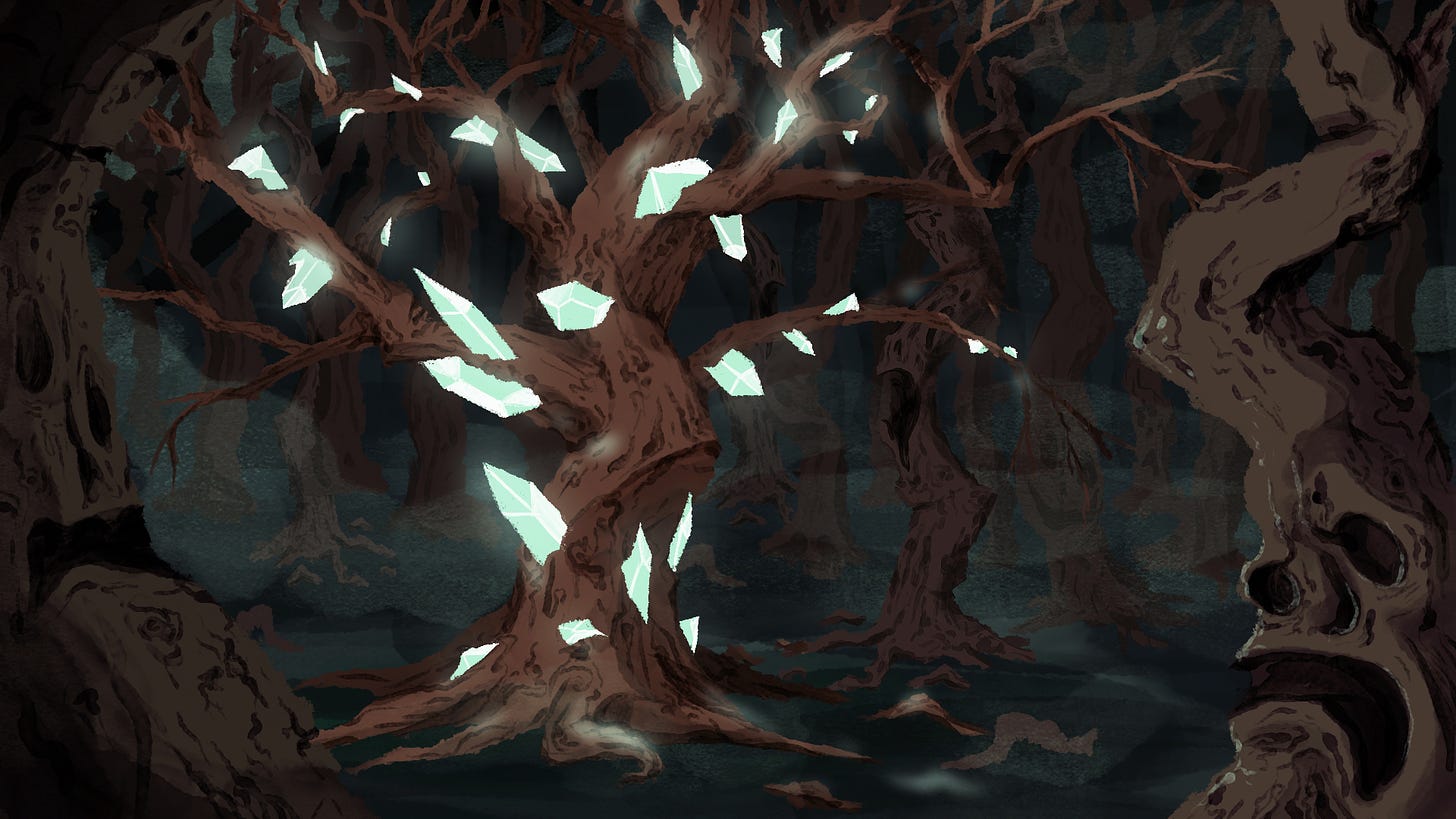 A digital painting of a dark, spooky forest with threes that look like they have grotesque faces. The central tree is brighter, with shining crystals growing out of the wood.