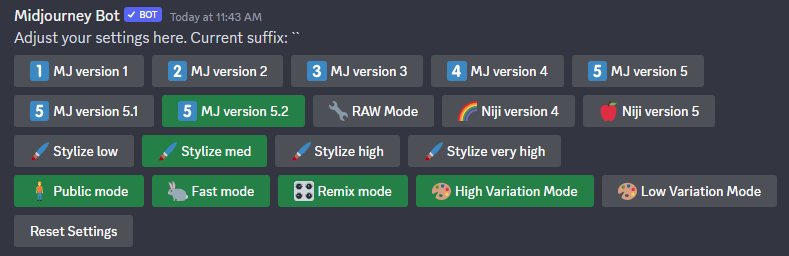 Settings menu in Midjourney with the "High Variation Mode" and "Low Variation Mode" buttons