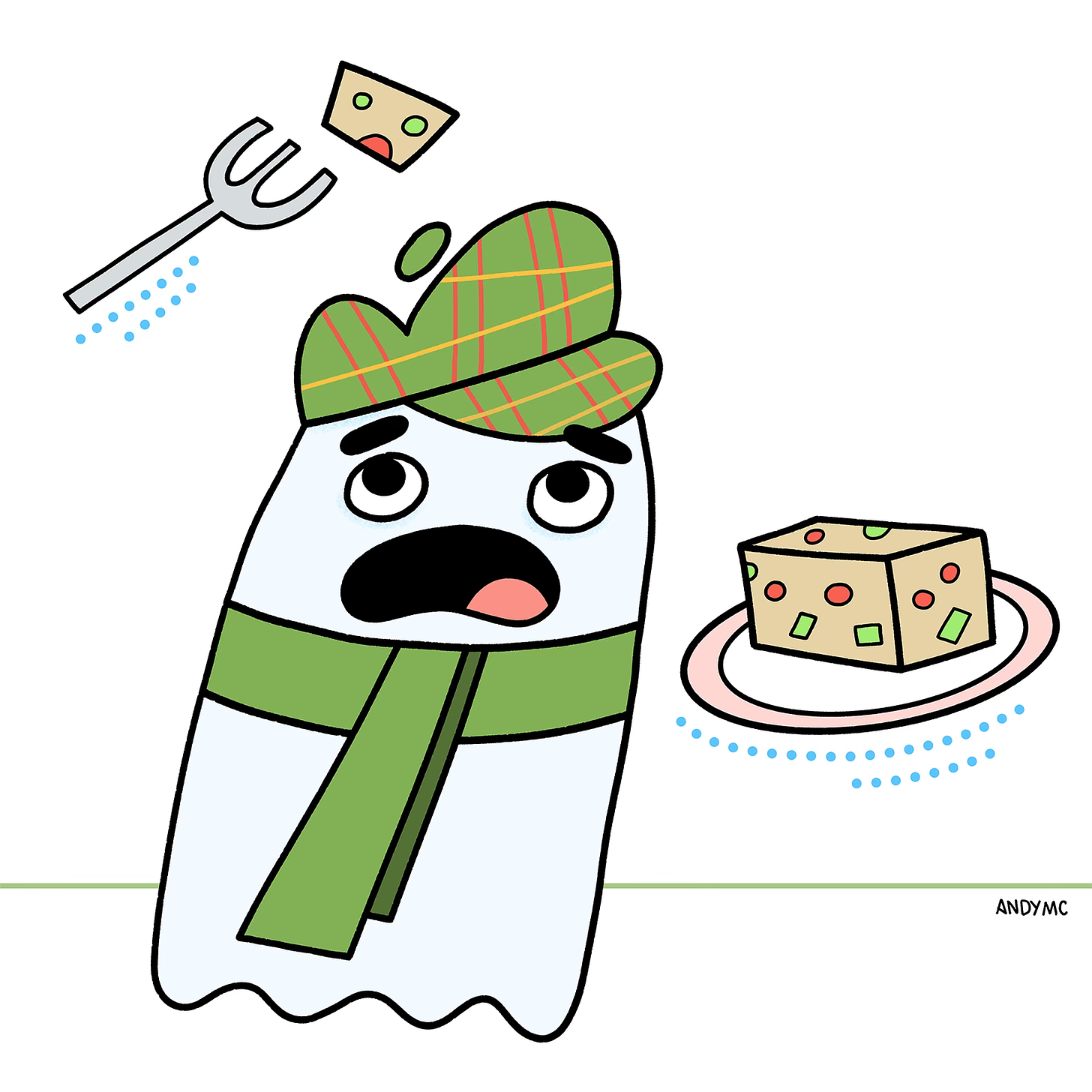 An illustration of a friendly ghost eating fruitcake 