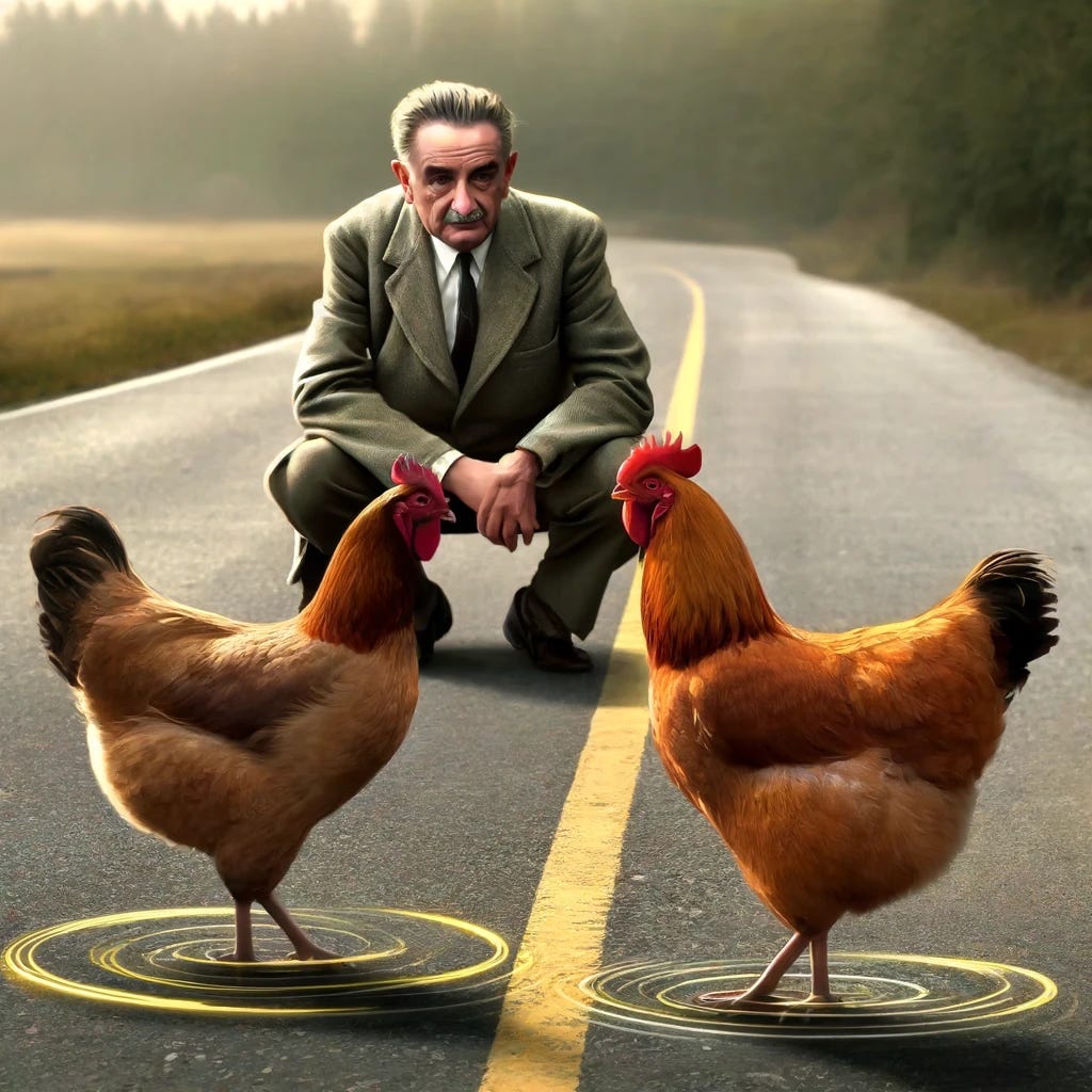 A humorous scene on a road with Wolfgang Pauli, depicted as a mid-20th-century European physicist. Pauli is observing two chickens on opposite sides of the road. Each chicken is humorously depicted with a visible spinning motion around their axis, one spinning clockwise and the other counterclockwise, representing opposite quantum spins. Pauli, with a look of scientific curiosity and slight amusement, watches this quantum behavior unfold, highlighting the Pauli Exclusion Principle in a light-hearted, visual manner. The setting blends science with humor effectively.