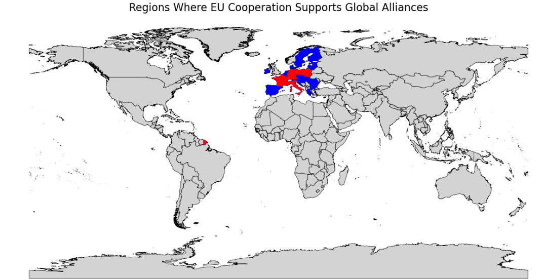 A world map highlighting regions where EU cooperation supports global alliances. Key areas in Europe are marked in blue and red, illustrating significant EU influence. Smaller regions in South America and other parts of the world are also highlighted to show the EU's extended geopolitical reach. The map uses grayscale for non-highlighted areas.