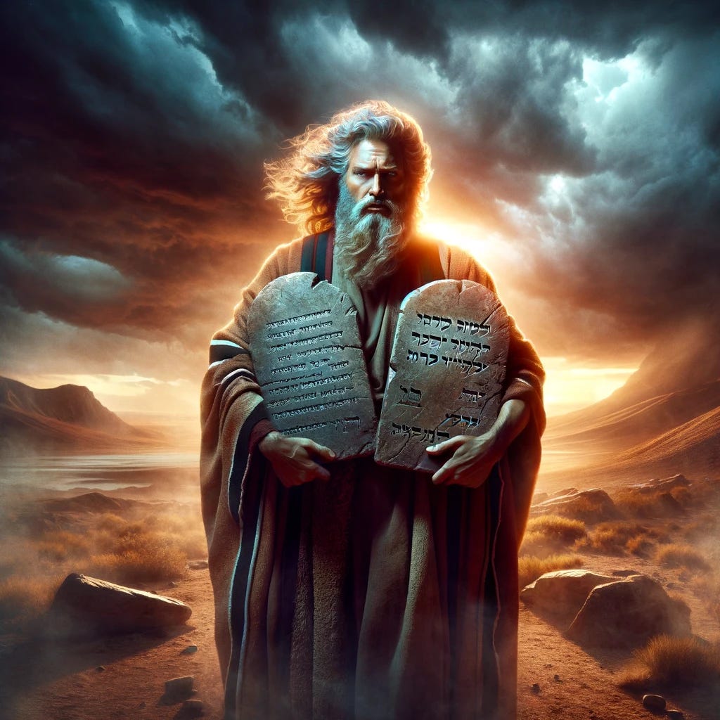 A dramatic scene set in an ancient desert landscape under a stormy sky. In the center, Moses stands tall and commanding, holding two stone tablets inscribed with ancient Hebrew text. His hair and robes billow in the wind, emphasizing the gravity of the moment. Around him, a faint glow highlights the tablets, drawing attention to their significance. The setting sun in the background casts long shadows, adding depth to the scene. This image captures a pivotal moment of religious and historical importance, with a focus on the symbolic power of the tablets.