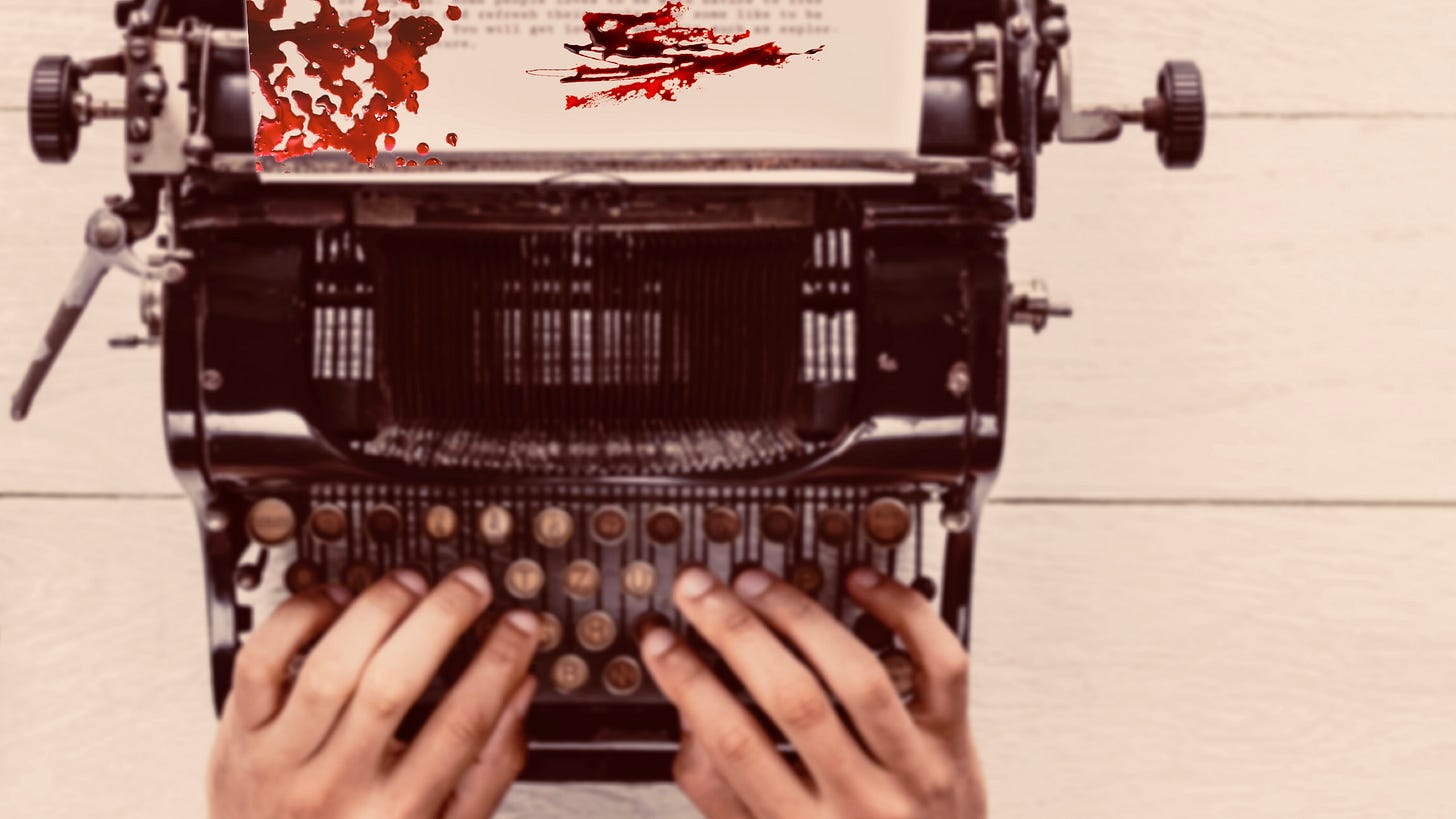 Image of a pair of hands on a typewriter with blood splattered across the page.