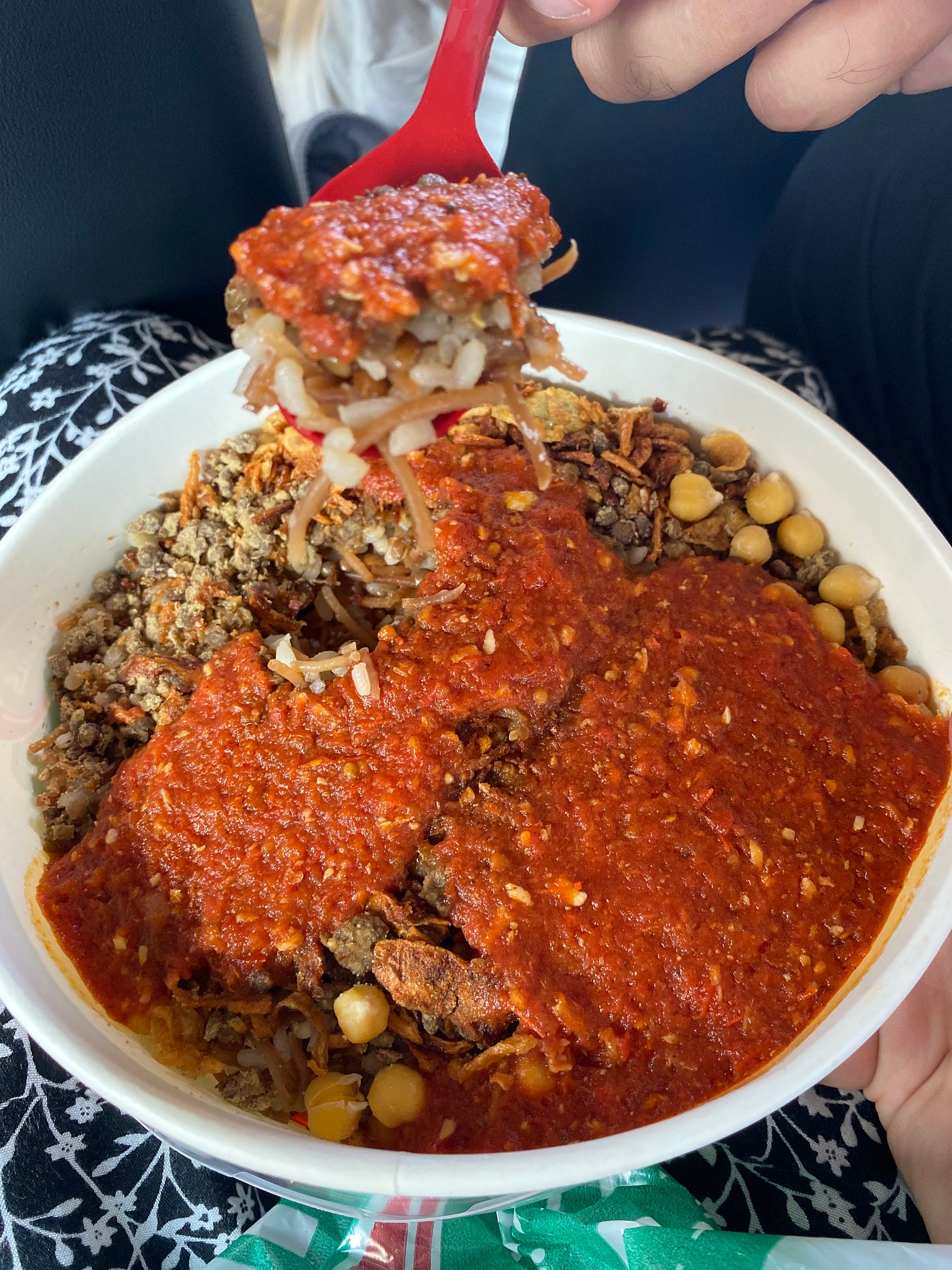 A bowl of lentils and chickpeas covered in tomato sauce