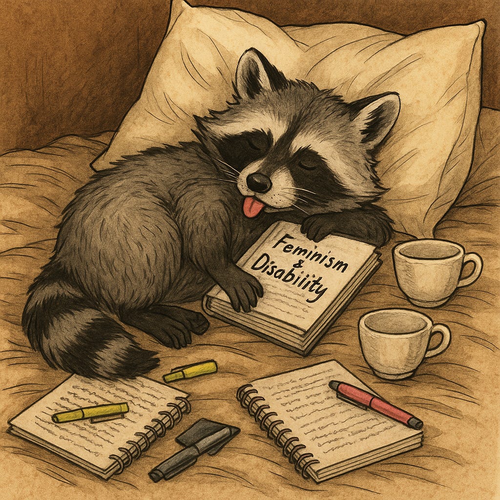 A raccoon sleeping with its arms around a book called "Feminism and Disability", surrounded by empty mugs, notebooks, and highlighters.