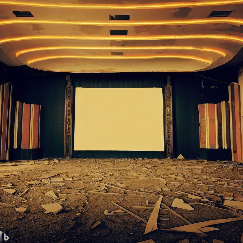 an empty abandoned movie studio, 1930s style art deco poster