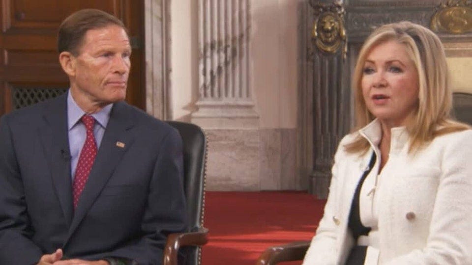 Senators Richard Blumenthal (D-CT) and Marsha Blackburn (R-TN) who introduced the Kids Online Safety Act in the Senate