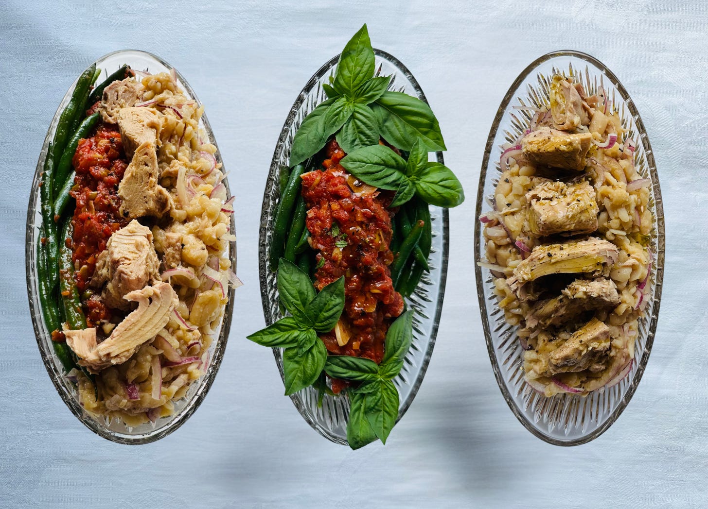Marcella's tuna and bean salad, and green beans with tomato, garlic and basil