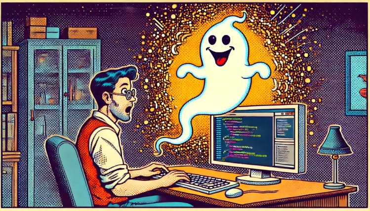 comic book style pointillism image of a startled programmer watching a happy ghost emerge from a computer screen