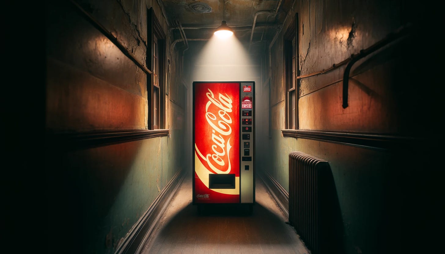 A vintage 1980s Coca-Cola vending machine illuminated by its own light in a dark, narrow hallway. The vending machine features classic red and white branding with a metallic finish. The hallway is dimly lit, with old, peeling wallpaper and a single flickering overhead light bulb. The perspective is wide, capturing the length of the hallway and the ambiance of a bygone era.