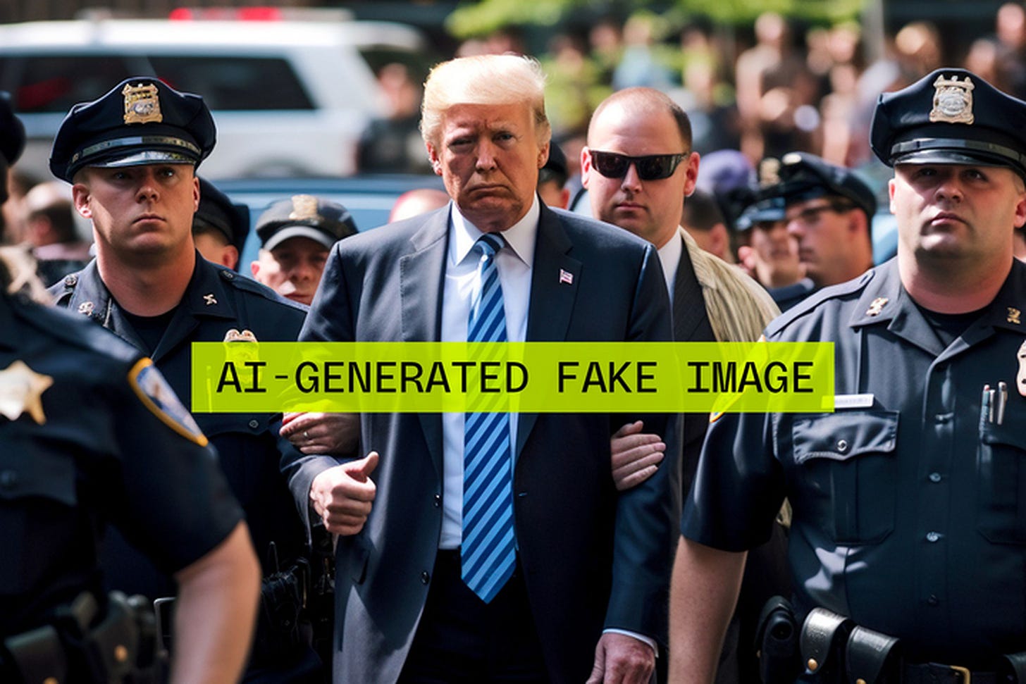 An AI generated image of Donald Trump being arrested, with an overlay that says “AI-generated fake image.”