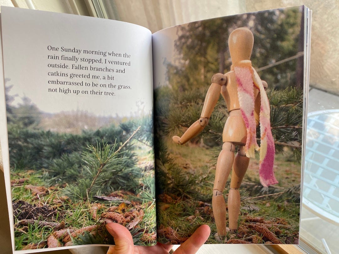 First page of Eleven Brave Pinecones reads "One Sunday morning when the rain finally stopped, I ventured outside. Fallen branches and catkins greeted me, a bit embarrassed to be on the grass, not high up on their tree." The wooden art manikin known as Emotikin wearing a scarf, is approaching.