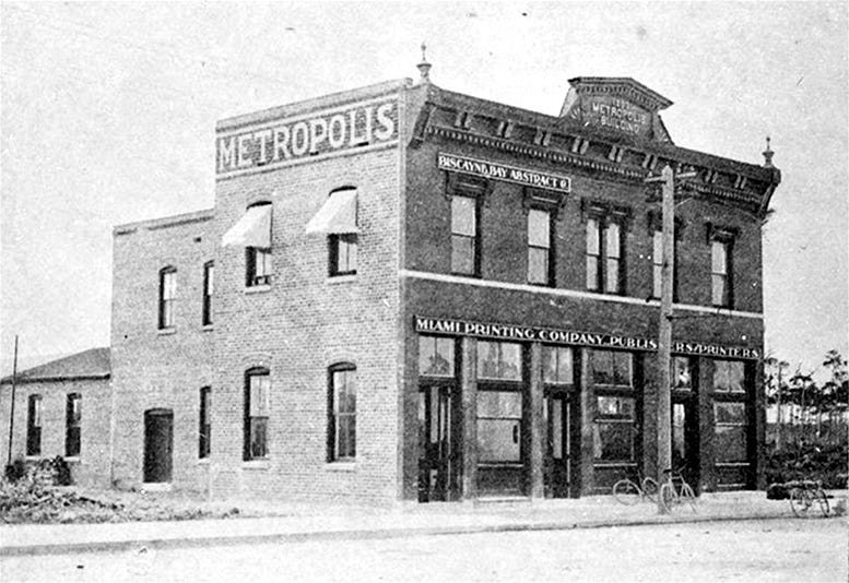 The Miami Metropolis building in 1896. It was located on South Miami Avenue where the FedEx building is today. Courtesy of HistoryMiami Museum.