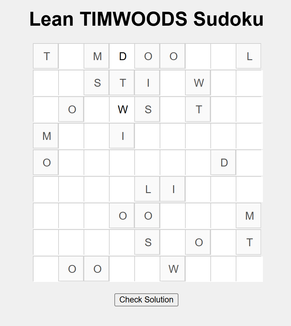 Lean Sudoku Game created by author - find the letters TIMWOODSL in each 3x3 grid