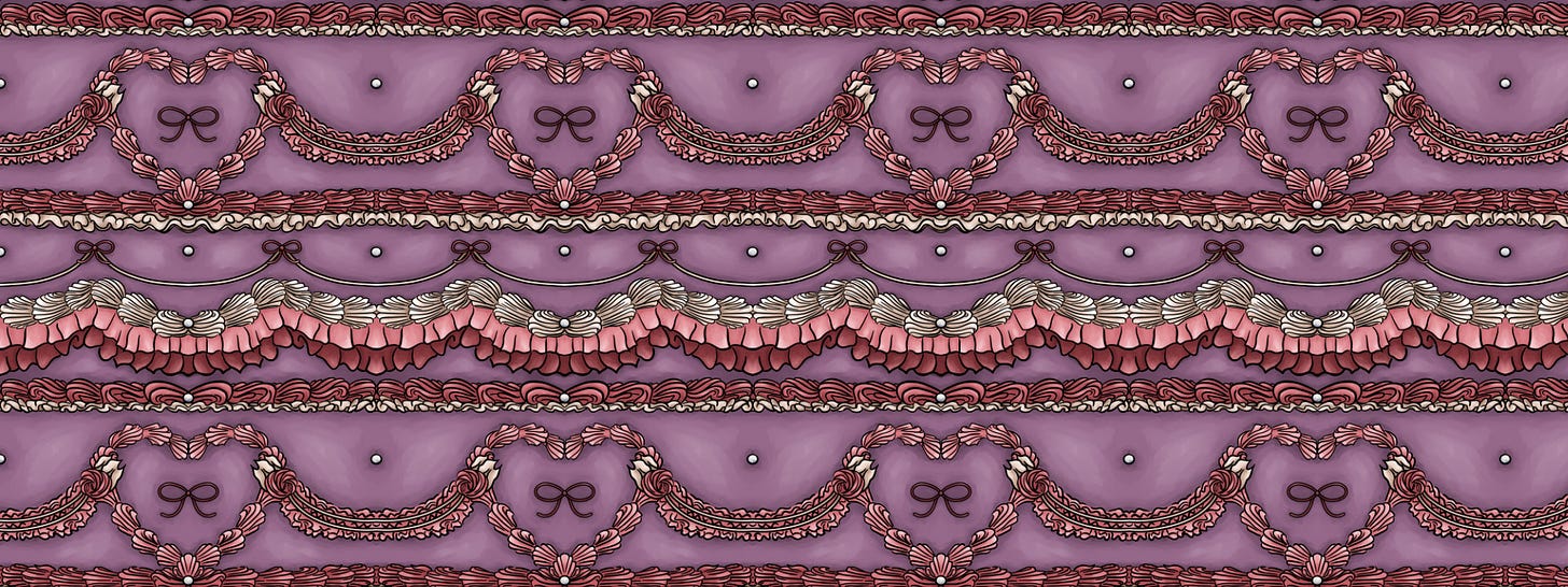 A repeating pattern of fancy piped icing in pinks and reds with hearts and bows on a purple background.