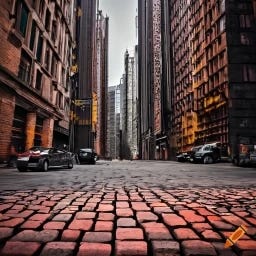 A.I. image from haiku text. Low angle view of brick city road. craiyon.com