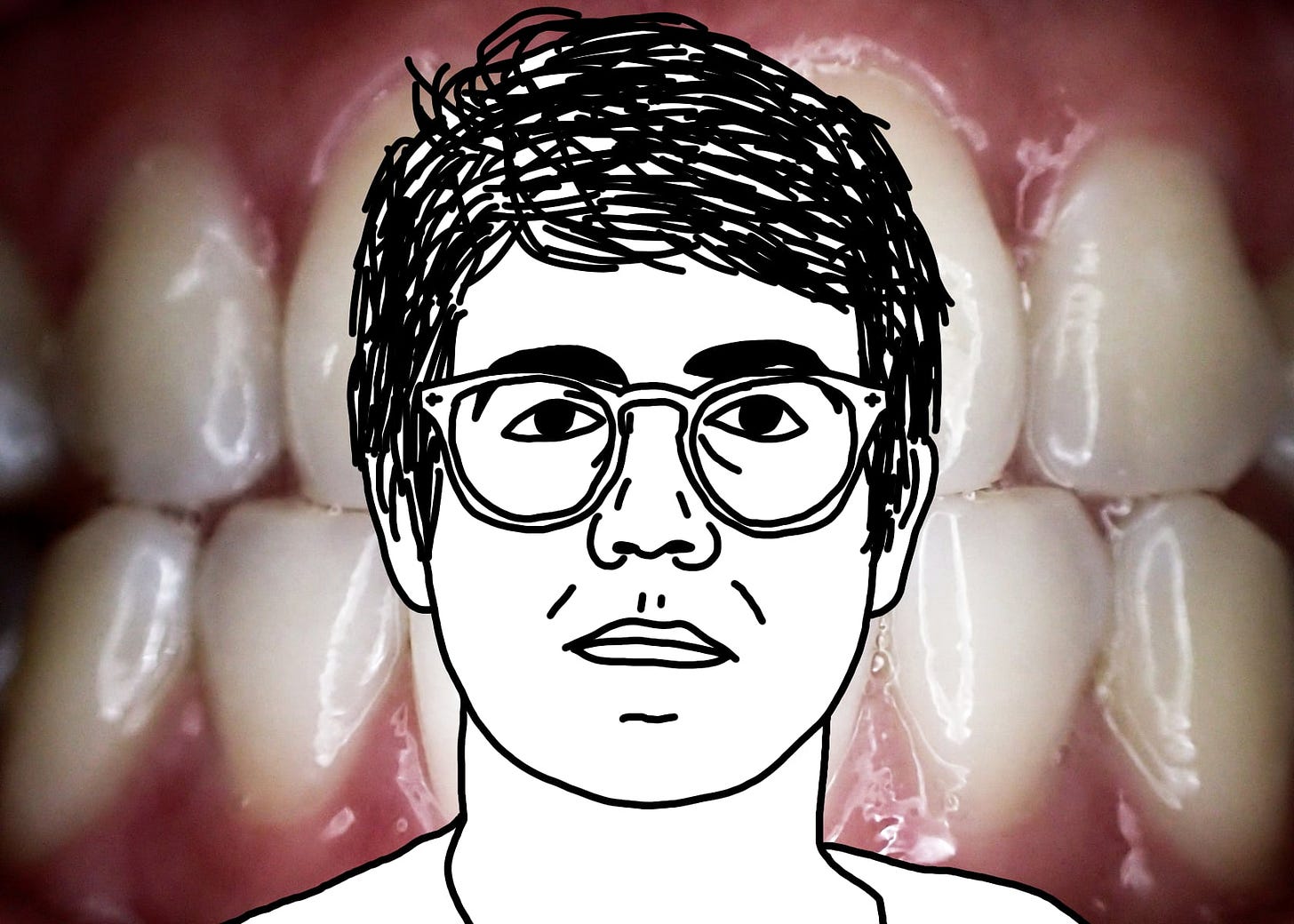 A black line drawing of Alex, the protagonist of "I Hear You Watching." He is white, short messy parted hair, glasses. He stares straight at you, unsmiling. The background is a close-up photo of clenched teeth.