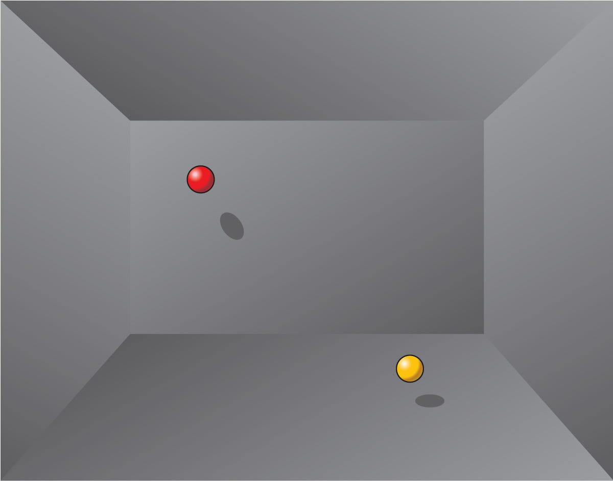 Simple gray room/box with a bright red and bright yellow ball floating inside