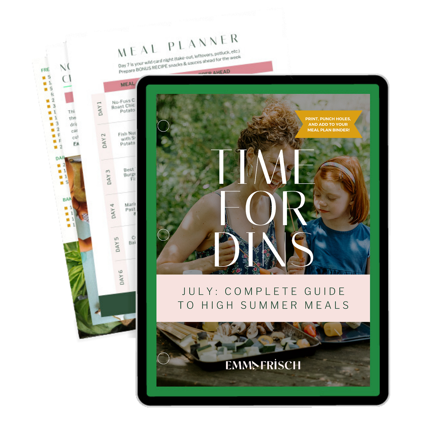 Teaser of a monthly recipe meal plan called Time For Dins, offering high summer meals, by Emma Frisch on her Substack
