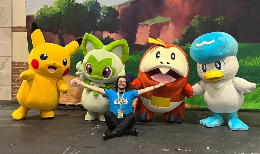 Leon with Pikachu and the Paldean starter Pokémon: Sprigatito, Fuecoco, and, Quaxly