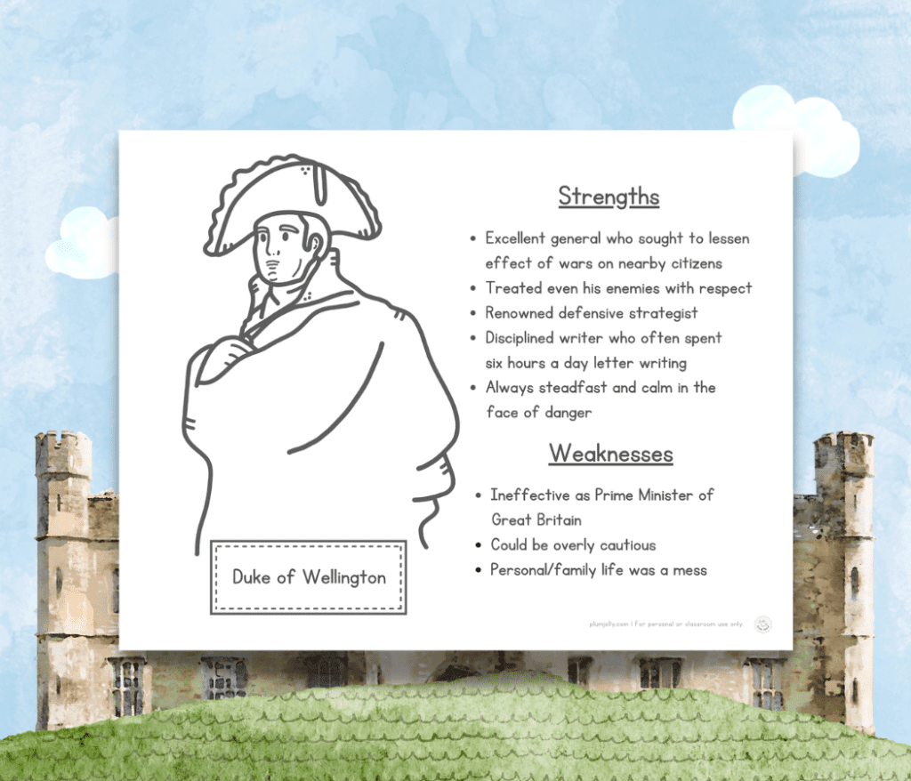 This printable Battle of Waterloo Map and Activities features a picture of a printable coloring page of the Duke of Wellington and a list of his strengths and weaknesses.