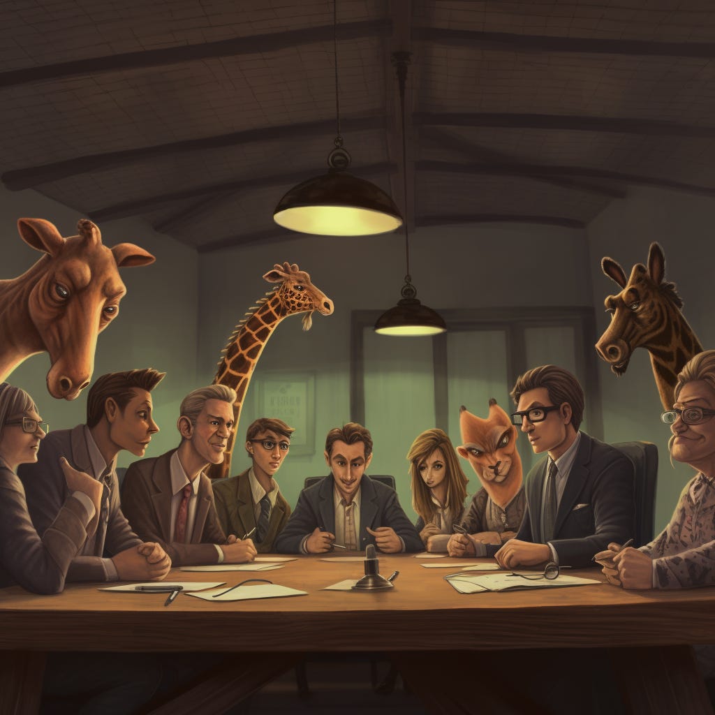 People and animals sit around a table having a meeting