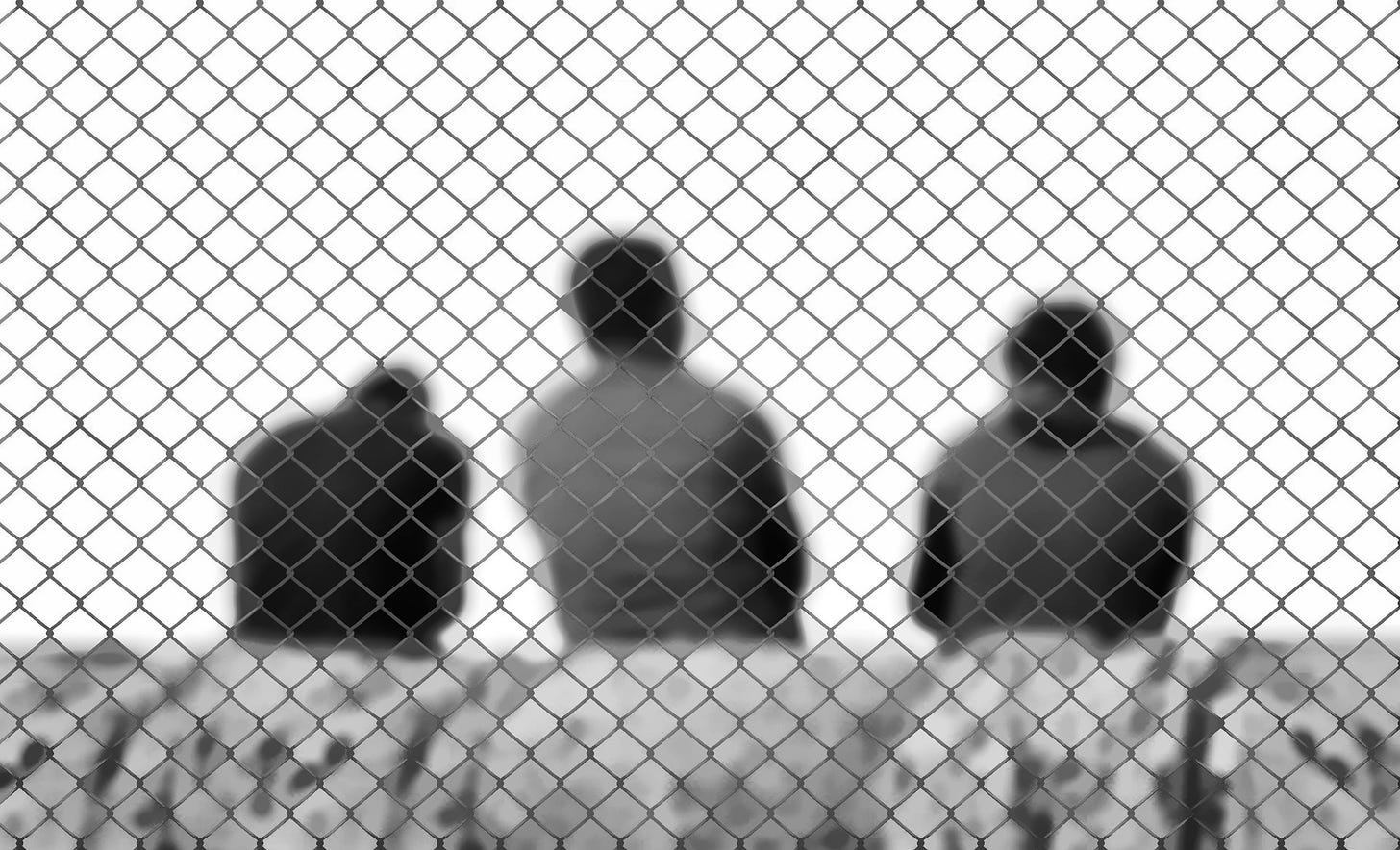 Migranten hinter einem Zaun.