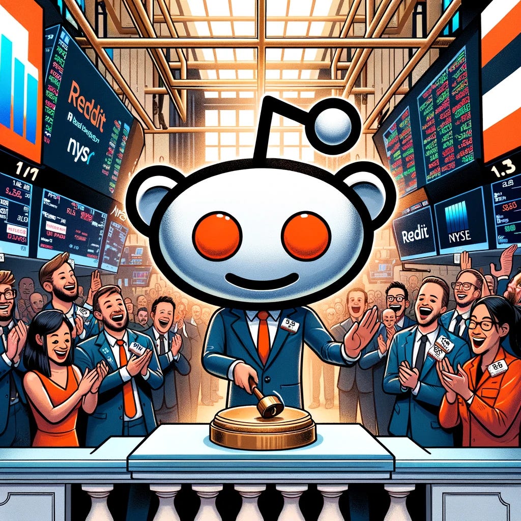 An illustration showing the Reddit alien logo character ringing the opening bell at the New York Stock Exchange (NYSE). The scene includes the interior of the NYSE with traders and screens in the background. The Reddit alien, personified with arms, is standing on a platform reaching up to ring the iconic bell, symbolizing the celebration of Reddit's initial public offering (IPO). Surrounding the character are excited traders and officials, clapping and cheering for the event.
