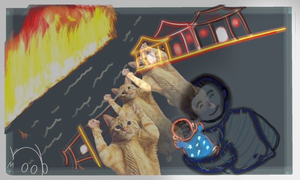 Updated image of Orange cats running behind Kurosawa-san/chan. Everybod is escaping from a distant fire. 