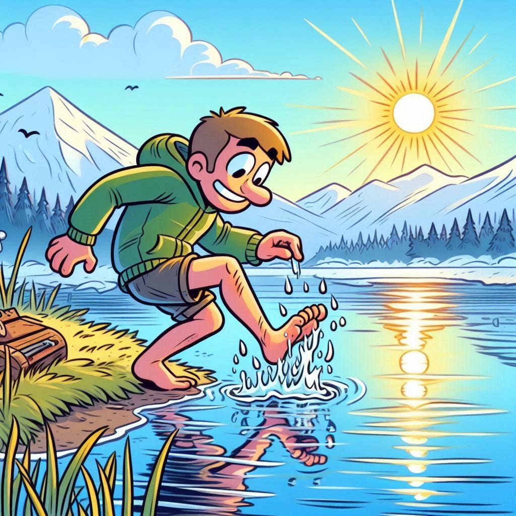 create image of a person dipping their toe into the lake to discover how cold it is cartoon