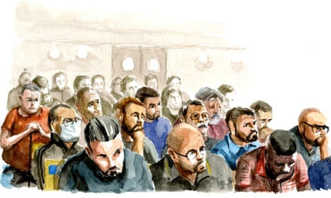 A court artist sketch of some of the accused men.
