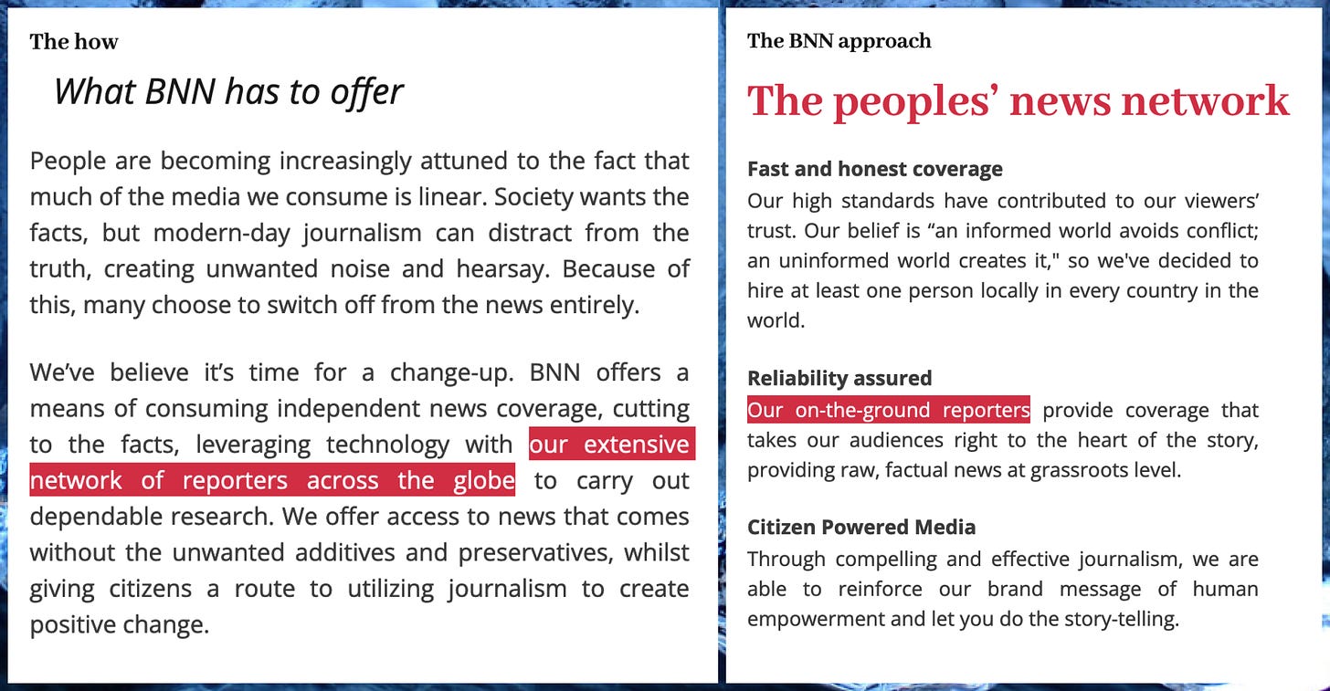 collage of screenshots from BNN's website that reference a worldwide team of reporters