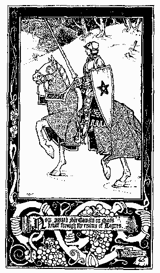 Black and white woodcut illustration of an armored knight, Sir Gawain, on a horse