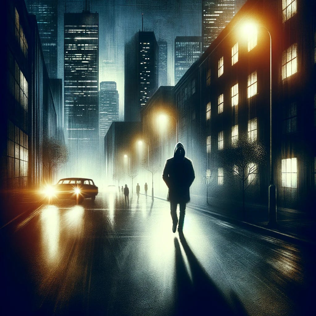 Dall-E image of a solitary individual walking down the middle of a street at night.
