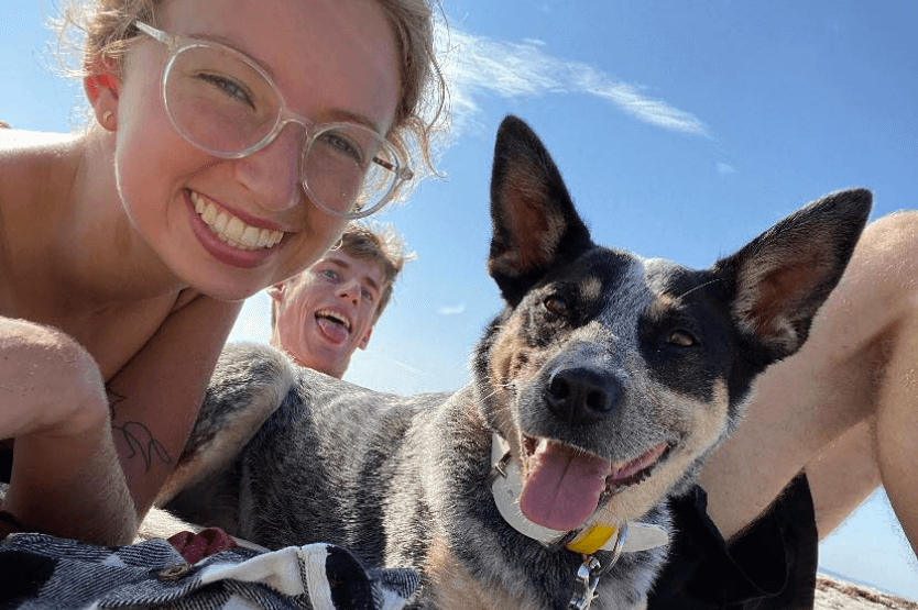 Scout the Australian cattle dog lounging in the sun with her owners on the stretch of Cocoa Beach that is dog friendly