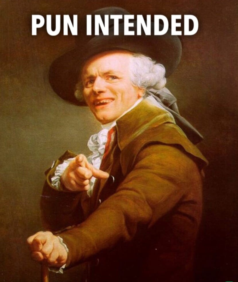Image of old-fashioned gentleman pointing with caption "pun intended"