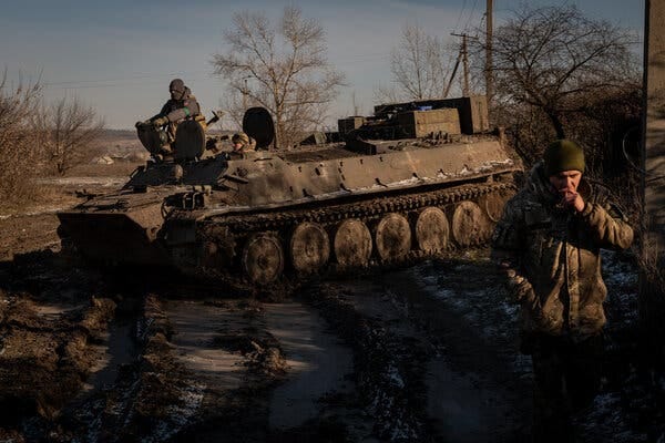 Ukrainian soldiers with an armored vehicle near Kreminna, Ukraine on Wednesday. Ukraine’s top general says he needs about 300 Western tanks and 600 Western infantry fighting vehicles to turn the tide of the war. 