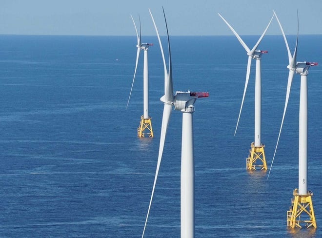 Wind turbines off Block Island, the pilot project that was the nation's first offshore wind farm.