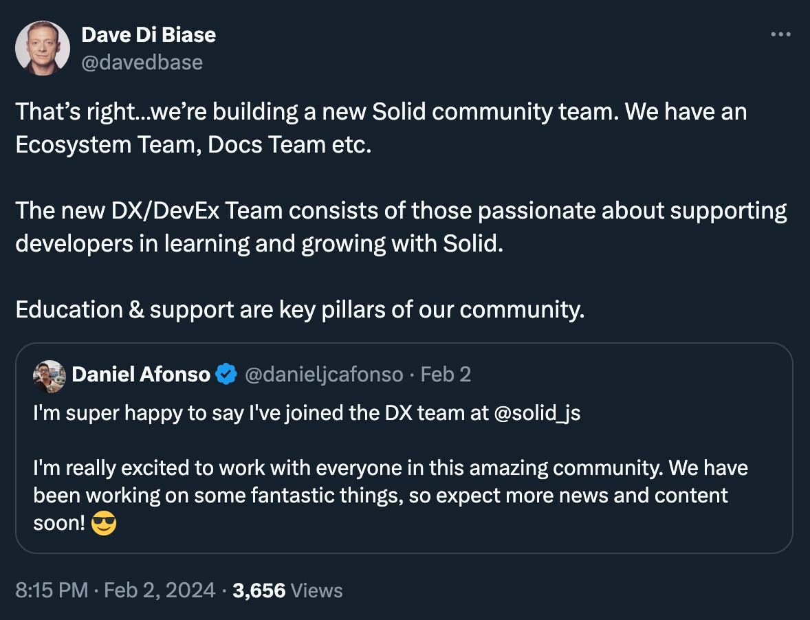A tweet from @davedbase explaining more about the Solid DX team