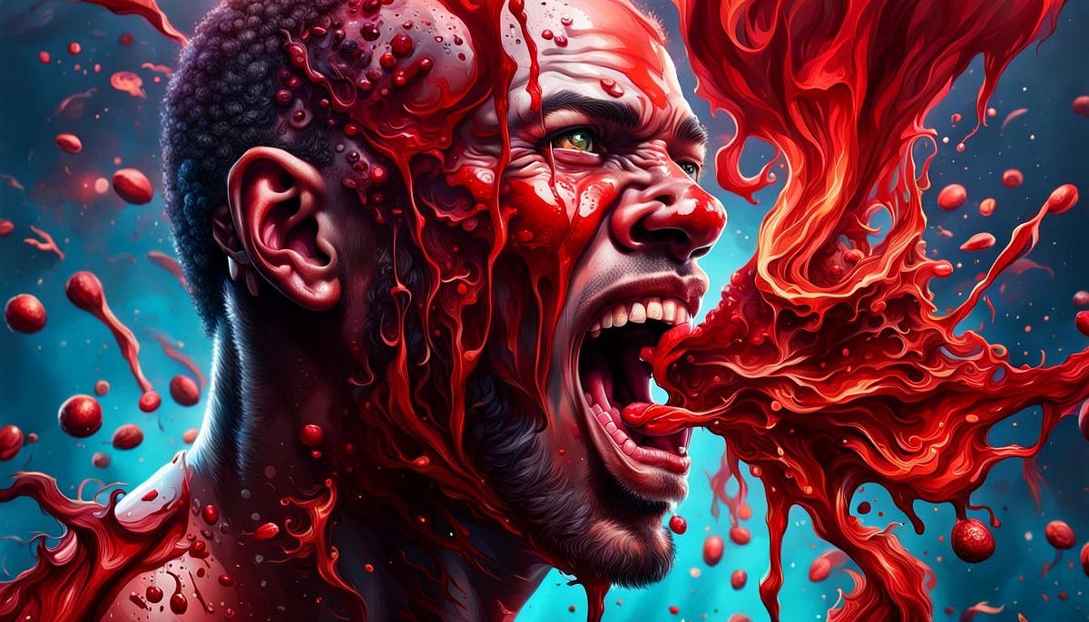 Blood splashing from eyes, tongue, artistic impression