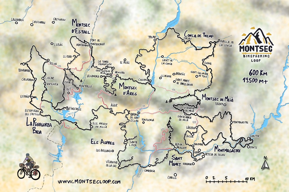 Mapa creat per Javi Castillo, pintat per ell mateix, on es descriuen els diferents recorreguts de la Montsec Bikepacking Loop.