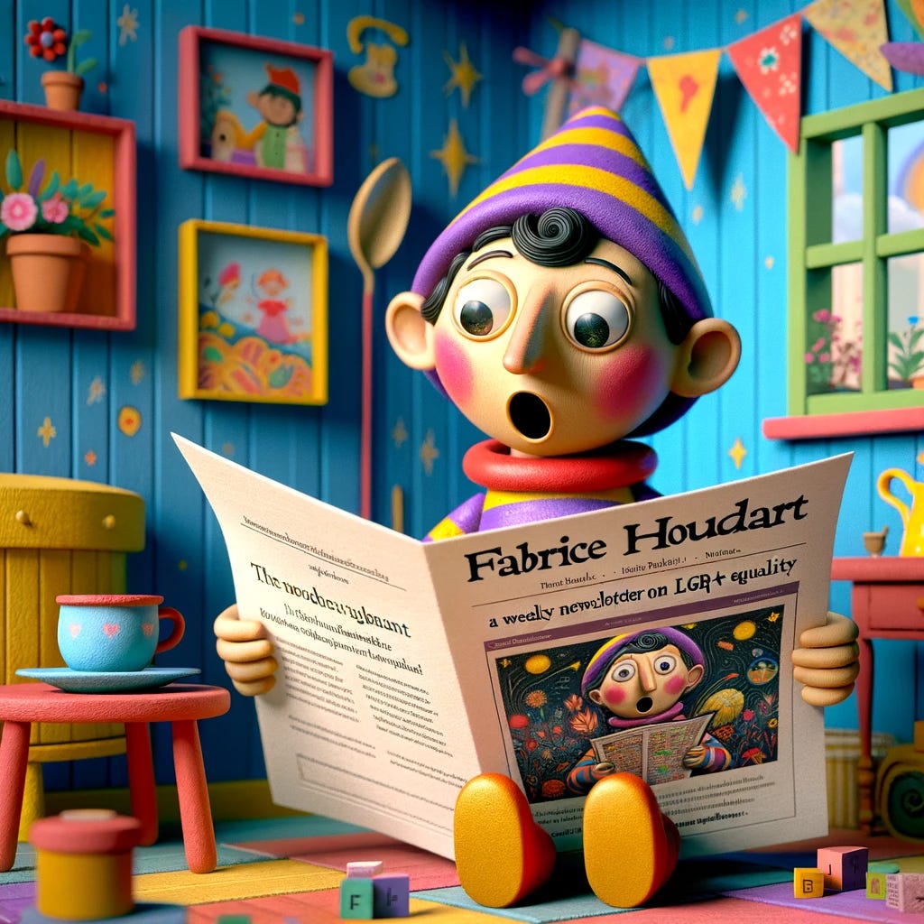 Imaginative illustration of a character similar to Noddy, depicted in a colorful, cartoonish style. The character is sitting in a cozy, whimsical room, with bright colors and playful decor. He is holding and reading a newsletter with the title 'Fabrice Houdart | A weekly newsletter on LGBTQ+ Equality' prominently displayed. The character's expression is one of utter shock and surprise, with wide eyes and a slightly open mouth, capturing a moment of unexpected discovery. The setting includes elements like a small wooden table, a teacup, and children's books, adding to the whimsical atmosphere.
