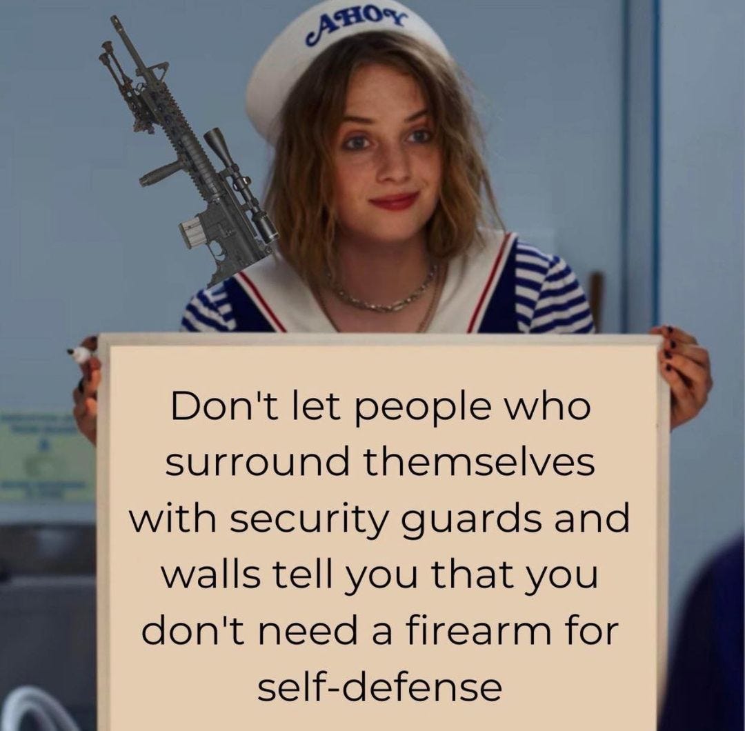 May be an image of 1 person and text that says 'AHOr Don't let people who surround themselves with security guards and walls tell you that you don't need a firearm for self-defense'